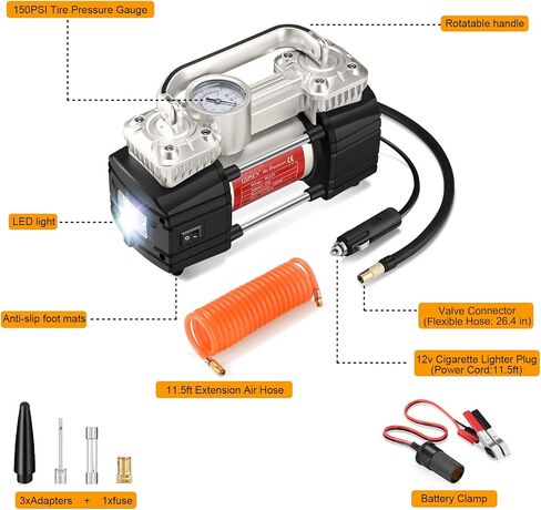 GSPSCN مضخة ضاغط الهواء المحمولة ذات الأسطوانة المزدوجة منفاخ الإطارات عالي التحمل مع ضوء LED، مضخة هواء 150 رطل لكل بوصة مربعة 12 فولت مع طقم إصلاح الإطارات وصندوق الأدوات للسيارات وسيارات الدفع الرباعي وإطارات الشاحنات وما إلى ذلك، فضي in Kuwait