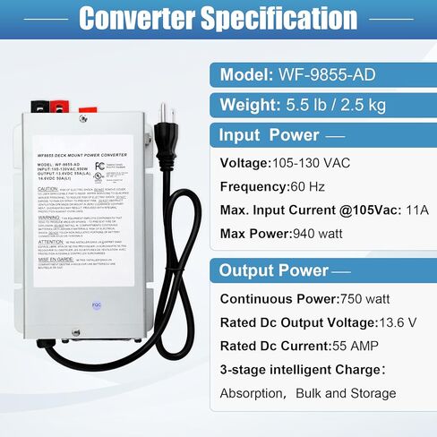WF-9855-AD Deck Mount RV Power Deckmount Converter/Charger 55 Amp w/Lithium-Ion Switch,Replacement for 9800 Series in Kuwait