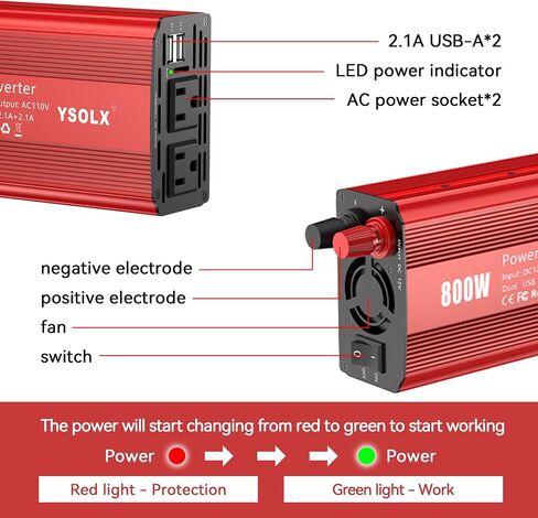 YSOLX 800W Power Inverter DC 12V to 110v AC Converter, Peak 1600W, 4.2A Dual USB Ports, Dual AC Outlet, Power Inverters for Vehicles, RV, Home, Camping in Saudi Arabia