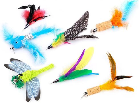 2 Pcs Cat Toys Interactive Refill Replacement Feather Pack Furry Tail Butterfly Dragonfly Fish Mouse Caterpillar Worm Birds Feathers for Kitten Cats CT15-11 Yellow Long Feather in Saudi Arabia