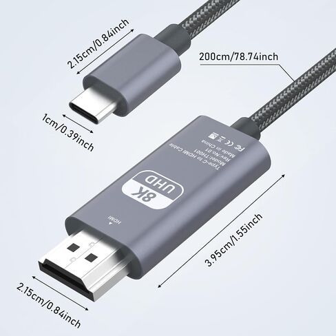كابل USB C إلى HDMI 2.1، [8K عالي السرعة] كابل USB من النوع C إلى HDMI للمكتب المنزلي، [8K@60 هرتز، 4K@144 هرتز] كابل Thunderbolt 4/3 إلى HDMI متوافق مع iPhone 15 Pro Max، MacBook Pro Air، آي باد إلخ 6.6FT in Kuwait