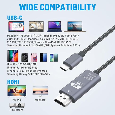 كابل USB C إلى HDMI 2.1، [8K عالي السرعة] كابل USB من النوع C إلى HDMI للمكتب المنزلي، [8K@60 هرتز، 4K@144 هرتز] كابل Thunderbolt 4/3 إلى HDMI متوافق مع iPhone 15 Pro Max، MacBook Pro Air، آي باد إلخ 6.6FT in Kuwait