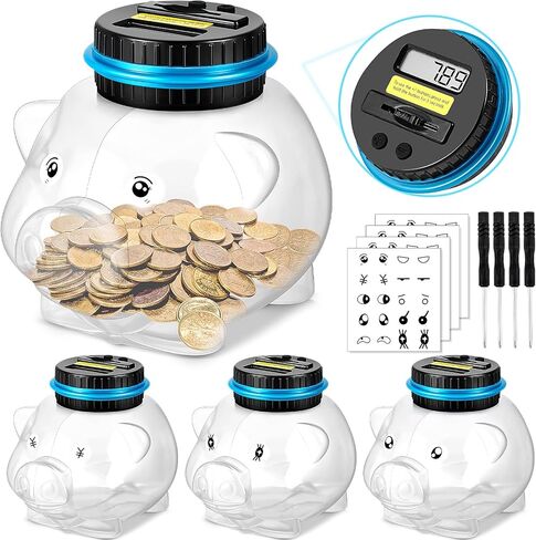 4 Pcs Digital Piggy Bank with Child Stickers and Screwdrivers Saving Coin Money Jar Change Piggy Bank with LCD Display for All US Coins Counting Savings Boys Kids Adults Gift for All Ages in Saudi Arabia