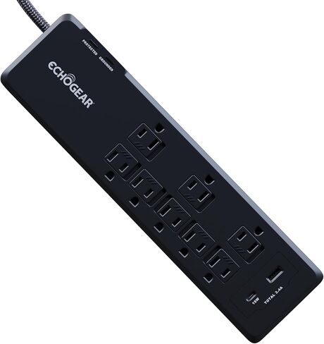 قطاع الطاقة ECHOGEAR PowerBlitz Surge Protector مع منافذ USB-A وUSB-C - تصميم منخفض المستوى مع سلك مضفر بطول 6 بوصات، قابس مسطح و2160 جول من الحماية من زيادة التيار متعدد المنافذ - أسود in Kuwait