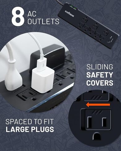 قطاع الطاقة ECHOGEAR PowerBlitz Surge Protector مع منافذ USB-A وUSB-C - تصميم منخفض المستوى مع سلك مضفر بطول 6 بوصات، قابس مسطح و2160 جول من الحماية من زيادة التيار متعدد المنافذ - أسود in Kuwait