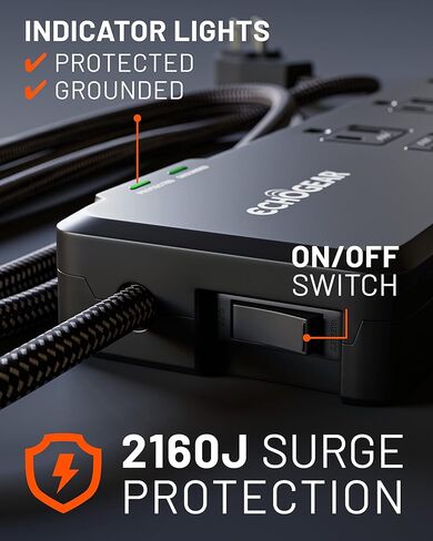 قطاع الطاقة ECHOGEAR PowerBlitz Surge Protector مع منافذ USB-A وUSB-C - تصميم منخفض المستوى مع سلك مضفر بطول 6 بوصات، قابس مسطح و2160 جول من الحماية من زيادة التيار متعدد المنافذ - أسود in Kuwait