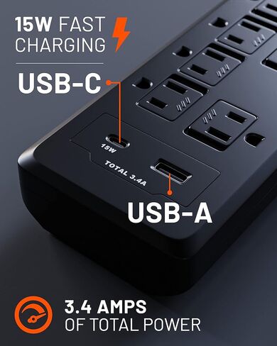 قطاع الطاقة ECHOGEAR PowerBlitz Surge Protector مع منافذ USB-A وUSB-C - تصميم منخفض المستوى مع سلك مضفر بطول 6 بوصات، قابس مسطح و2160 جول من الحماية من زيادة التيار متعدد المنافذ - أسود in Kuwait