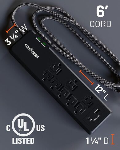 قطاع الطاقة ECHOGEAR PowerBlitz Surge Protector مع منافذ USB-A وUSB-C - تصميم منخفض المستوى مع سلك مضفر بطول 6 بوصات، قابس مسطح و2160 جول من الحماية من زيادة التيار متعدد المنافذ - أسود in Kuwait