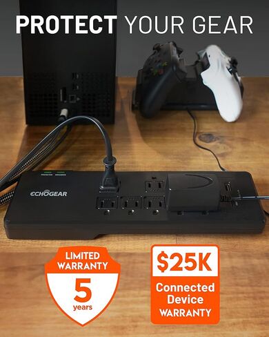 قطاع الطاقة ECHOGEAR PowerBlitz Surge Protector مع منافذ USB-A وUSB-C - تصميم منخفض المستوى مع سلك مضفر بطول 6 بوصات، قابس مسطح و2160 جول من الحماية من زيادة التيار متعدد المنافذ - أسود in Kuwait