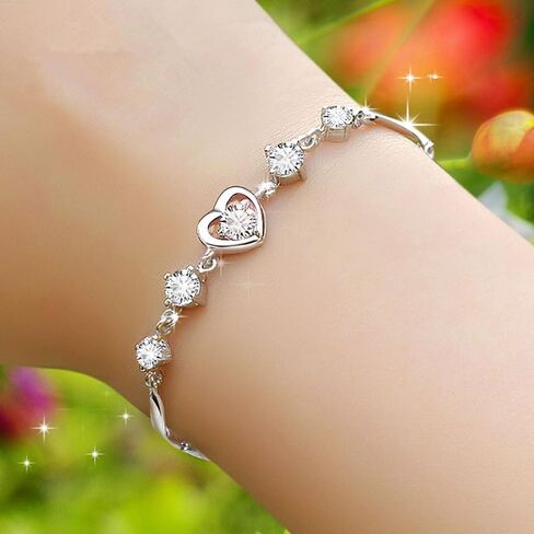 Love Heart Bracelet for Women 925 Sterling Silver Plated Cubic Zirconia Crystal Bracelets Birthday Mothers Day Jewelry Gifts for Her in Saudi Arabia