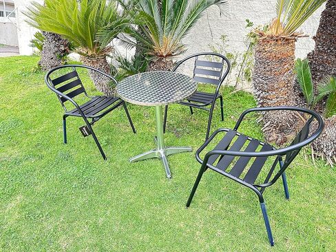 BTEXPERT داخلي خارجي 23.75 بوصة مطعم من الفولاذ المقاوم للصدأ والألمنيوم شريحة معدنية خفيفة الوزن، 4 كراسي مع طاولة مستديرة، فضي/برونزي in Kuwait