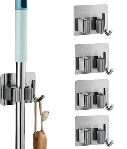 Mop Broom Holder No Drill StainlessSteel, Mop Broom Organizer Wall Mounted Heavy Duty with Hooks Hanger, Anti-Slip Command Broom Holder Wall Mount，Self Adhesive 4Pcs for Bathroom, Kitchen, Office in Saudi Arabia