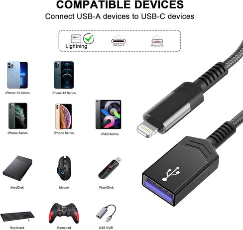 Lightning to USB Camera OTG Adapter for iPhone,[Apple MFi Certified] USB 3.0 OTG Cable Adapter Female Converter Supports USB Flash Drive,Gamepad,Hubs,Mouse,Keyboard,U Disk,MIDI -Black in Kuwait