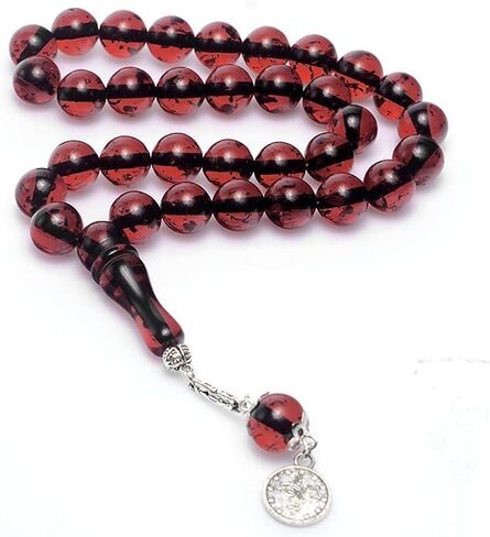 Pressed Powder Amber Rosary Round Sphere Moire Vernier Cut Red Colored Metal Tassels in Saudi Arabia