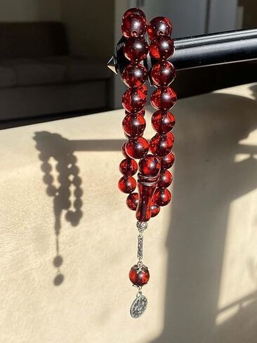 Pressed Powder Amber Rosary Round Sphere Moire Vernier Cut Red Colored Metal Tassels in Saudi Arabia
