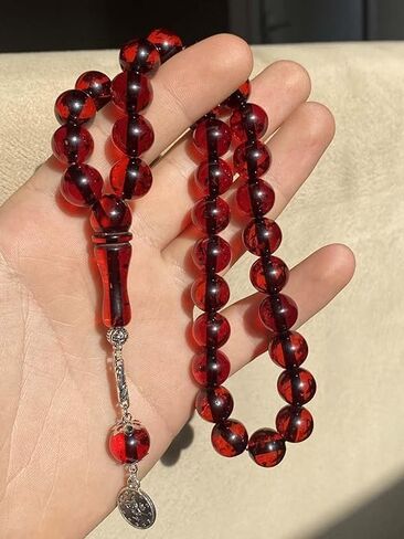 Pressed Powder Amber Rosary Round Sphere Moire Vernier Cut Red Colored Metal Tassels in Saudi Arabia