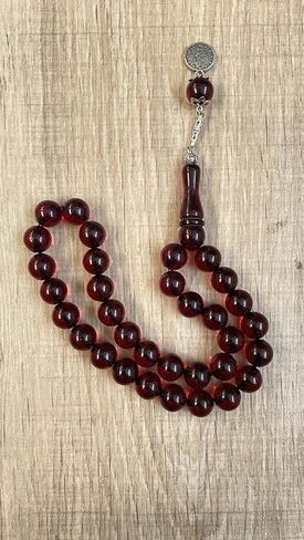 Pressed Powder Amber Rosary Round Sphere Moire Vernier Cut Red Colored Metal Tassels in Saudi Arabia