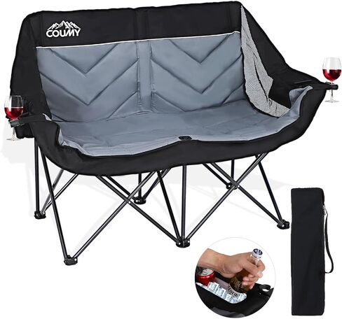 Double Camping Chair, Heavy Duty Folding Loveseat, Oversized Duo Chair with Cup & Wine Glass Holder, Cooler Bag, Pocket, Carrying Bag, Padded Portable Folding Chair, Supports 650lbs in Saudi Arabia