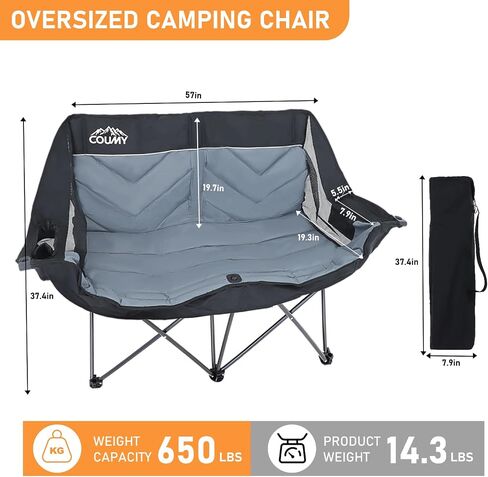 Double Camping Chair, Heavy Duty Folding Loveseat, Oversized Duo Chair with Cup & Wine Glass Holder, Cooler Bag, Pocket, Carrying Bag, Padded Portable Folding Chair, Supports 650lbs in Saudi Arabia