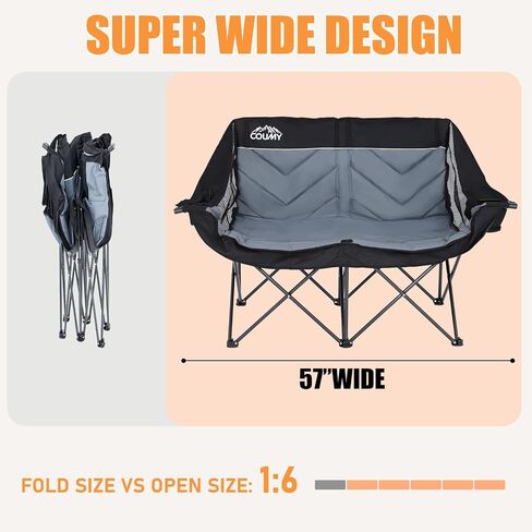 Double Camping Chair, Heavy Duty Folding Loveseat, Oversized Duo Chair with Cup & Wine Glass Holder, Cooler Bag, Pocket, Carrying Bag, Padded Portable Folding Chair, Supports 650lbs in Saudi Arabia