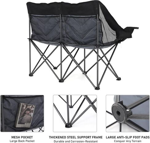 Double Camping Chair, Heavy Duty Folding Loveseat, Oversized Duo Chair with Cup & Wine Glass Holder, Cooler Bag, Pocket, Carrying Bag, Padded Portable Folding Chair, Supports 650lbs in Saudi Arabia
