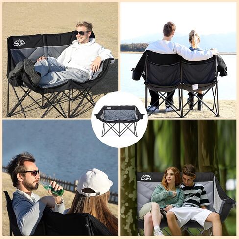 Double Camping Chair, Heavy Duty Folding Loveseat, Oversized Duo Chair with Cup & Wine Glass Holder, Cooler Bag, Pocket, Carrying Bag, Padded Portable Folding Chair, Supports 650lbs in Saudi Arabia