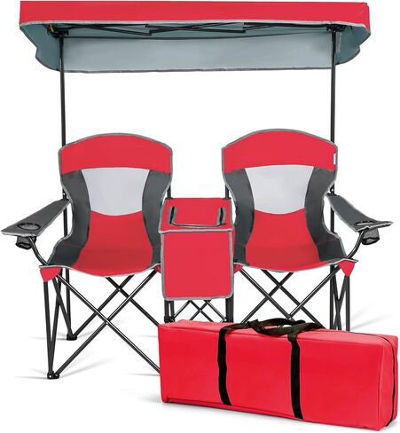 DORTALA Double Camping Chair with Canopy, 2 Person Folding Beach Chair with Canopy Shade, Table Beverage Holder and Storage Bag, Double Rocker Chair Outdoor for Camping, Beach, Picnic, Blue in Saudi Arabia