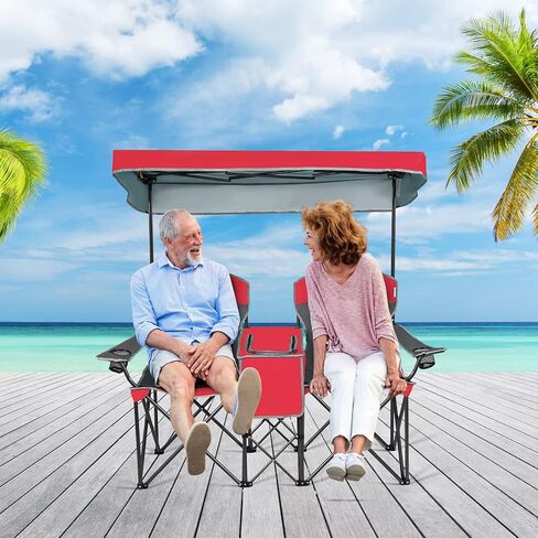 DORTALA Double Camping Chair with Canopy, 2 Person Folding Beach Chair with Canopy Shade, Table Beverage Holder and Storage Bag, Double Rocker Chair Outdoor for Camping, Beach, Picnic, Blue in Saudi Arabia