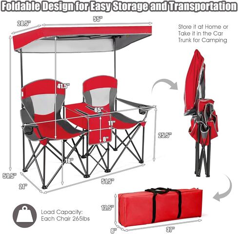 DORTALA Double Camping Chair with Canopy, 2 Person Folding Beach Chair with Canopy Shade, Table Beverage Holder and Storage Bag, Double Rocker Chair Outdoor for Camping, Beach, Picnic, Blue in Saudi Arabia