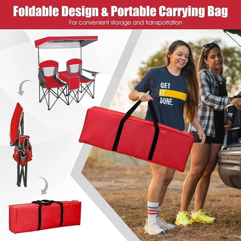 DORTALA Double Camping Chair with Canopy, 2 Person Folding Beach Chair with Canopy Shade, Table Beverage Holder and Storage Bag, Double Rocker Chair Outdoor for Camping, Beach, Picnic, Blue in Saudi Arabia