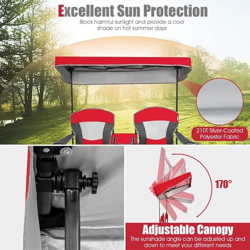 DORTALA Double Camping Chair with Canopy, 2 Person Folding Beach Chair with Canopy Shade, Table Beverage Holder and Storage Bag, Double Rocker Chair Outdoor for Camping, Beach, Picnic, Blue in Saudi Arabia