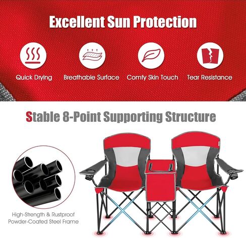 DORTALA Double Camping Chair with Canopy, 2 Person Folding Beach Chair with Canopy Shade, Table Beverage Holder and Storage Bag, Double Rocker Chair Outdoor for Camping, Beach, Picnic, Blue in Saudi Arabia