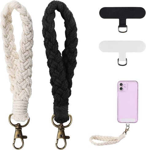 Boho Macrame الهاتف حزام المعصم الحبل الهاتف الخليوي مع حبل سلسلة سحر الهاتف حزام مع حزام عالمي حامل موصل التصحيح (أبيض وأسود) in Kuwait