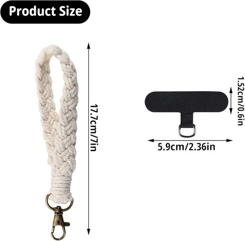 Boho Macrame الهاتف حزام المعصم الحبل الهاتف الخليوي مع حبل سلسلة سحر الهاتف حزام مع حزام عالمي حامل موصل التصحيح (أبيض وأسود) in Kuwait