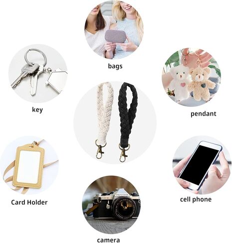 Boho Macrame الهاتف حزام المعصم الحبل الهاتف الخليوي مع حبل سلسلة سحر الهاتف حزام مع حزام عالمي حامل موصل التصحيح (أبيض وأسود) in Kuwait