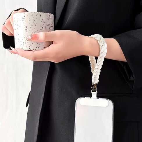 Boho Macrame الهاتف حزام المعصم الحبل الهاتف الخليوي مع حبل سلسلة سحر الهاتف حزام مع حزام عالمي حامل موصل التصحيح (أبيض وأسود) in Kuwait