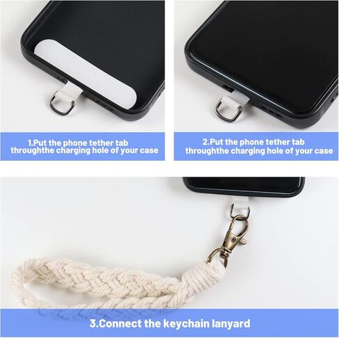 Boho Macrame الهاتف حزام المعصم الحبل الهاتف الخليوي مع حبل سلسلة سحر الهاتف حزام مع حزام عالمي حامل موصل التصحيح (أبيض وأسود) in Kuwait