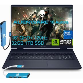 كمبيوتر محمول Alienware 16 Aurora للألعاب (16 بوصة QHD+ 120 هرتز، Intel 10-Core 7 240H (> i7-13620H)، ذاكرة DDR5 سعة 32 جيجابايت، SSD 1 تيرابايت، NVIDIA GeForce RTX 5060 8 جيجابايت)، لوحة مفاتيح بإضاءة خلفية، Wi-Fi 7، إيثرنت، محور USB، Win 11 Home in Kuwait