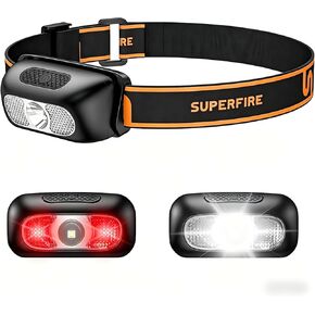 مصباح أمامي SuperFire قابل لإعادة الشحن، 1.76 أونصة مصباح أمامي LED خفيف الوزن للغاية مع ضوء وامض أحمر، شعاع عريض، بدون ارتداد، وقت تشغيل 8 ساعات، IP44 مقاوم للماء للجري الليلي، والمشي لمسافات طويلة، والتخييم in Kuwait