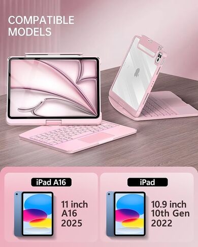 Intermerge for iPad A16 11th(2025)/ 10th Generation(2022) Case with Keyboard, 360° Rotating Multi-Touch Trackpad, 7-Color RGB Backlit, Transparent Back, Pencil Holder, Type-C Charging, Pink in Kuwait
