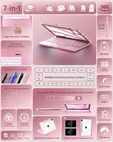 Intermerge for iPad A16 11th(2025)/ 10th Generation(2022) Case with Keyboard, 360° Rotating Multi-Touch Trackpad, 7-Color RGB Backlit, Transparent Back, Pencil Holder, Type-C Charging, Pink in Kuwait