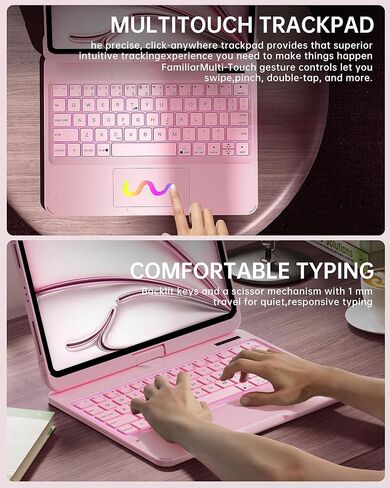 Intermerge for iPad A16 11th(2025)/ 10th Generation(2022) Case with Keyboard, 360° Rotating Multi-Touch Trackpad, 7-Color RGB Backlit, Transparent Back, Pencil Holder, Type-C Charging, Pink in Kuwait
