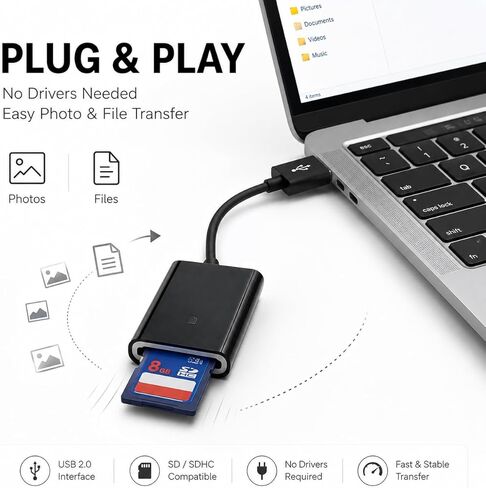 قارئ بطاقة SD USB 2.0، محول قارئ بطاقة ذاكرة الكاميرا مع كابل، توصيل وتشغيل الصور ونقل الملفات لسطح المكتب والكمبيوتر المحمول، أسود in Kuwait