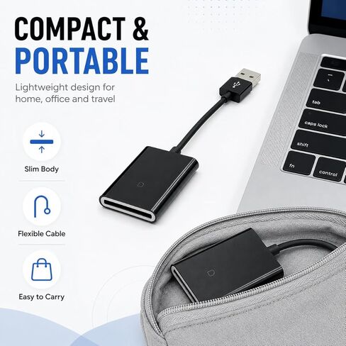 قارئ بطاقة SD USB 2.0، محول قارئ بطاقة ذاكرة الكاميرا مع كابل، توصيل وتشغيل الصور ونقل الملفات لسطح المكتب والكمبيوتر المحمول، أسود in Kuwait