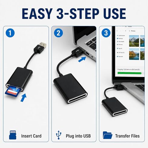 قارئ بطاقة SD USB 2.0، محول قارئ بطاقة ذاكرة الكاميرا مع كابل، توصيل وتشغيل الصور ونقل الملفات لسطح المكتب والكمبيوتر المحمول، أسود in Kuwait