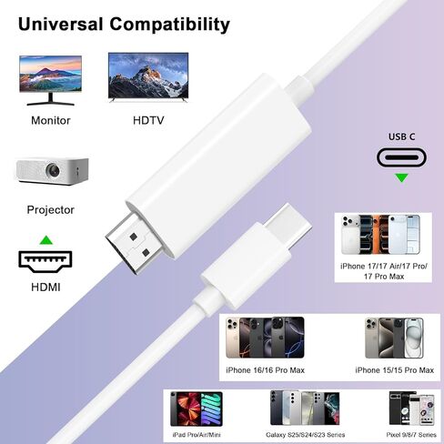[معتمد من Apple MFi] محول كابل USB C إلى HDMI لهاتف iPhone 17 إلى التلفزيون، كابل 4K@60 هرتز من النوع C إلى HDMI 6FT USB-C موصل شاشة مزامنة محول AV رقمي لهاتف iPhone 17 16 15 إلى شاشة عرض HDTV in Kuwait