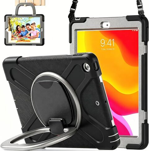 حافظة iPad 10.2 الجيل التاسع 2021 / الجيل الثامن 2020 / الجيل السابع 2019، حافظة متينة متينة مضادة للصدمات للأطفال مع واقي شاشة، حامل دوار/حامل قلم رصاص/حزام كتف لجهاز iPad 10.2 بوصة - وردي ملون in Kuwait