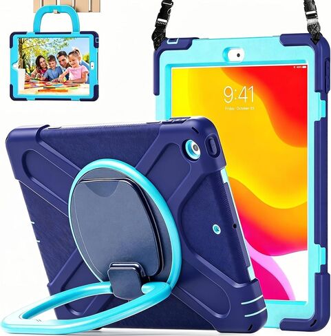 حافظة iPad 10.2 الجيل التاسع 2021 / الجيل الثامن 2020 / الجيل السابع 2019، حافظة متينة متينة مضادة للصدمات للأطفال مع واقي شاشة، حامل دوار/حامل قلم رصاص/حزام كتف لجهاز iPad 10.2 بوصة - وردي ملون in Kuwait