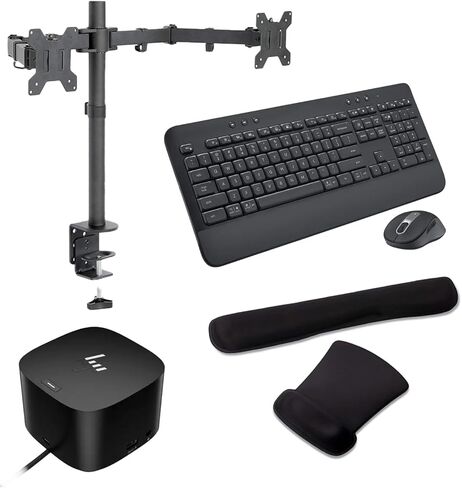 قاعدة توصيل HP Thunderbolt G4 بقدرة 280 وات، ودعم 4K مع كابل كومبو، ومنفذ DisplayPort وUSB Hub مع حامل شاشة مزدوج مثبت على المكتب، ومجموعة لوحة مفاتيح/ماوس لاسلكية MK650 ومنصات جل in Kuwait