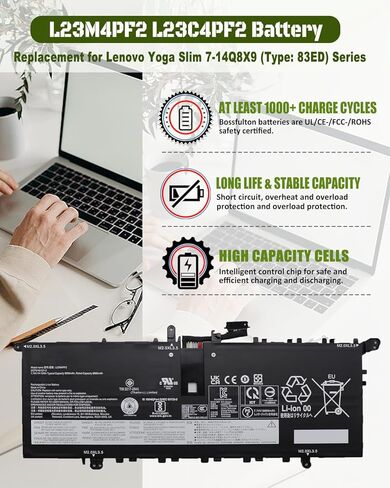 بطارية 70Wh L23M4PF2 L23M4PF2 L23C4PF2 لجهاز Lenovo Yoga Slim 7 14Q8X9 (النوع 83ED) - رقم الأجزاء SB11N42052 5B11N42051 SB11N42050 5B11N42049 - 7.74 فولت 9050 مللي أمبير في الساعة استبدال 4 خلايا in Kuwait